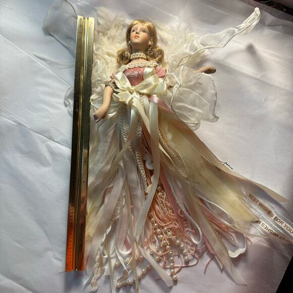 VTG Porcelain Angel Christmas Ornament Cream Pink Pearl Lace Feathers Ribbon 12” - Picture 9 of 16